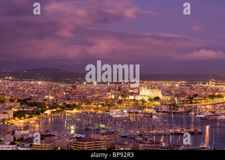 View of the harbour at dusk from Castell de Bellver, Palma, Mallorca, Balearic Islands, Spain, Europe Stock Photo