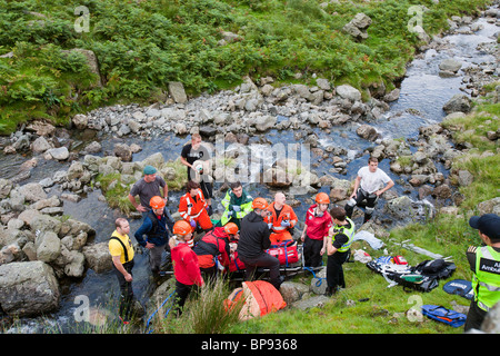 Emergency services attend a motorbike crash on Kirkstone Pass in the Lake District Stock Photo