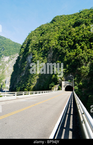 Road into a tunnel. Tunnel pass through a green mountain. Stock Photo