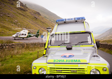 Emergency services attend a motorbike crash on Kirkstone Pass in the Lake District Stock Photo