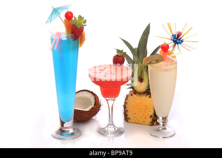 Decorated cocktails (Pina Colada, Strawberry Margarita and Blue Lagoon) over white background. Stock Photo