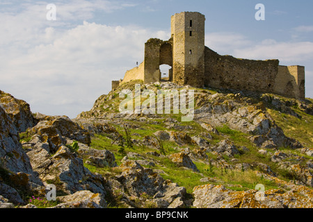 The image shows the ruins of an ancient stone castle perched atop a rugged, rocky hill. The structure features a prominent square tower with narrow vertical openings and a large arched gateway, both Stock Photo