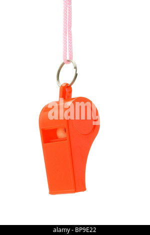 Red plastic whistle suspended on white background Stock Photo