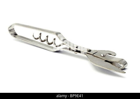 Old can and bottle opener with corkscrew on white background Stock Photo