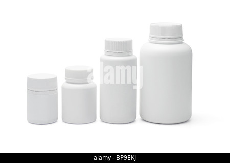 Four blank plastic containers for medicine on white backgound Stock Photo