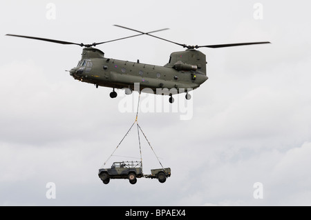 British Royal Air Force Boeing Chinook HC.2 demostrates its capabilities at the 2010 RIAT Royal International Air Tattoo Stock Photo