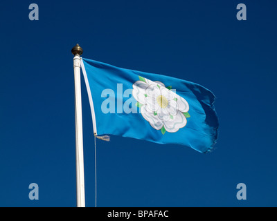 Official Yorkshire county flag with a white rose on a blue ground Stock Photo