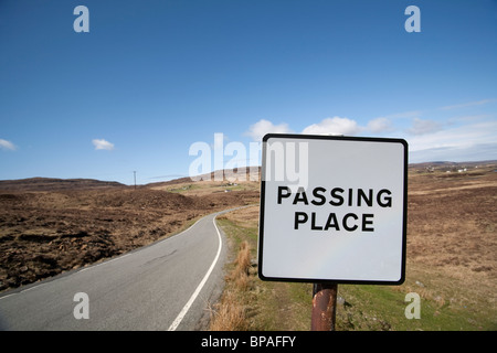 Passing Place sign on narrow road on Isle of Skye Scotland May 2010 Stock Photo