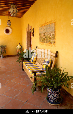 Passageway and sitting area in the hotel  Posada de las Minas, a luxury boutique hotel in Mineral de Pozos, Guanajuato state, Mexico Stock Photo