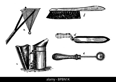 Different tools of beekeeper. Antique illustration. 1900. Stock Photo