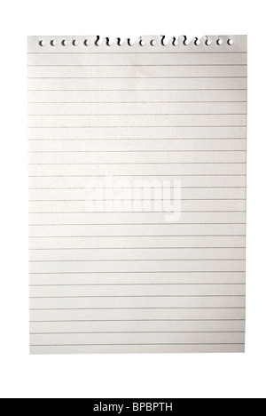 Blank note paper from notebook with lines isolated on white with clipping path. Stock Photo
