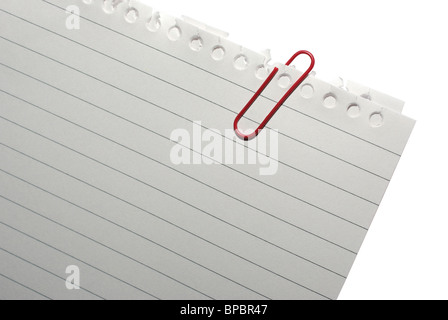Blank attached note paper for message, office isolated on white background. Sheets attach with red paperclip. Stock Photo