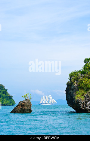 Star Flyer clipper ship in the Ao Phang Nga Islands in the Andaman Sea, Thailand. Stock Photo