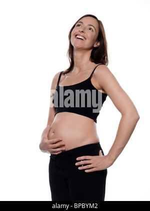 pregnant caucasian woman portrait laugh happy isolated studio on white background Stock Photo