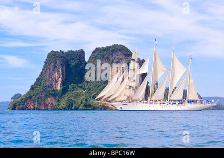 Star Flyer clipper ship in the Ao Phang Nga Islands in the Andaman Sea, Thailand. Stock Photo