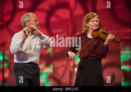 Instrumental folk group performing on stage in competition at the National Eisteddfod of Wales annual cultural festival Stock Photo