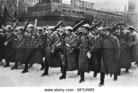 Parade on the Red Square on November 7, 1941. Artist: Yuon Stock Photo ...