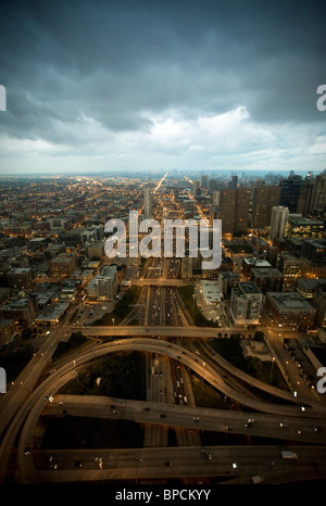Aerial photograph of network of highways / roads in dark stormy weather Stock Photo