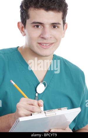 Male nurse filling out a patient chart Stock Photo