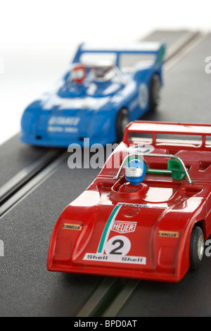 slot racing cars on track from the 1980s historic boys toy manufactured by polistil Stock Photo
