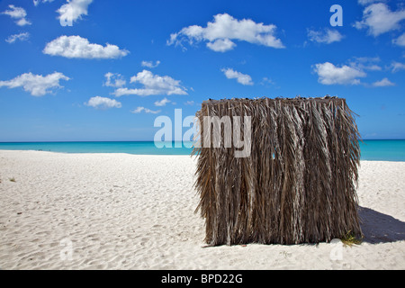 Palapa Shelter on a White Sandy Caribbean Beach with a Blue Sky and White Clouds Stock Photo