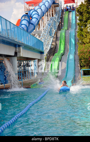 Water slide at Hurricane Harbor waterpark , Six Flags Over Texas amusement park, Arlington, TX, USA Stock Photo