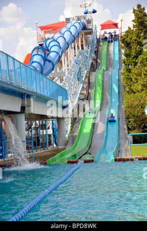 Water slide at Hurricane Harbor waterpark , Six Flags Over Texas amusement park, Arlington, TX, USA Stock Photo