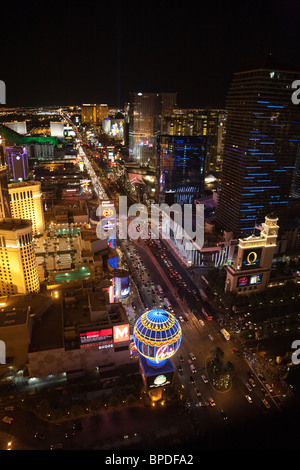 The strip, Las Vegas at night, looking South, seen from the top of the Eiffel Tower, The Paris Hotel Stock Photo