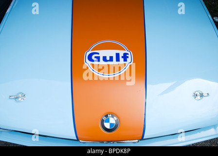 Bonnet of classic BMW 3-series in traditional Gulf Oil racing livery. Stock Photo