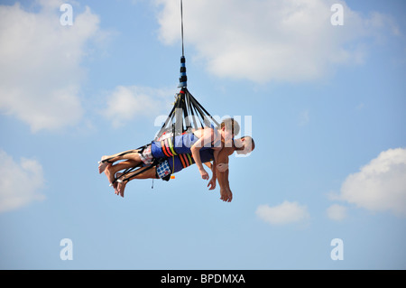 Sky coaster swing at Hurricane Harbor waterpark , Six Flags Over Texas amusement park, Arlington, TX, USA Stock Photo