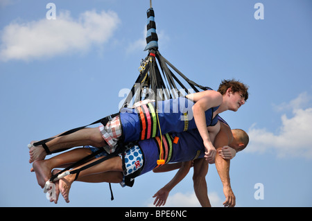 Sky coaster swing at Hurricane Harbor waterpark , Six Flags Over Texas amusement park, Arlington, TX, USA Stock Photo