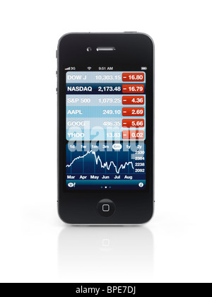 Apple iPhone 4 smartphone with stock market charts on its display isolated with clipping path on white background Stock Photo
