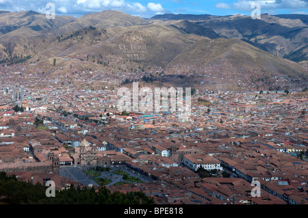 A view of the city of Cusco, from the Inca ruins of Sacsayhuaman, Peru, with the Plaza de Armas in the foreground. Stock Photo