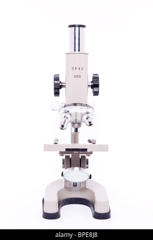 A close up cutout of a microscope on a white background Stock Photo