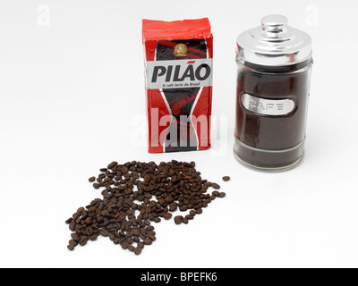 Packet Of Brazilian Coffee Pilao And Coffee In A Glass Jar And Coffee Beans Stock Photo