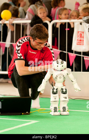 NAO Robots playing football in the science pavilion at the National Eisteddfod of Wales, Ebbw Vale 2010 Stock Photo