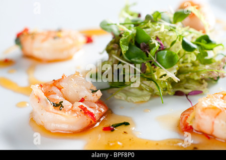 Sauté prawns with chill, ginger and coriander with a nest of baby leaf salad Stock Photo