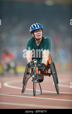 Australia's Christie Dawes sits in her damaged racing wheelchair after crashing on the final turn in her race at the Paralympics Stock Photo