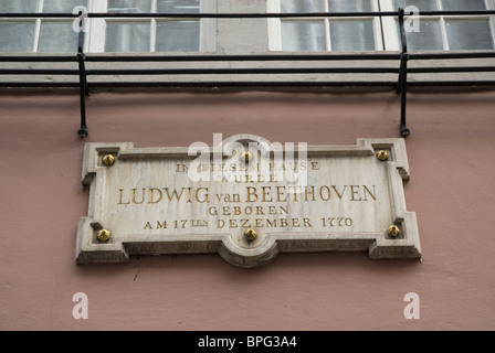 Sign confirming that this is the house where Ludwig van Beethoven was born on 17th December, 1770 Stock Photo