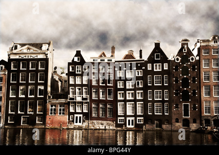 Amsterdam canal houses with a vintage sepia look Stock Photo