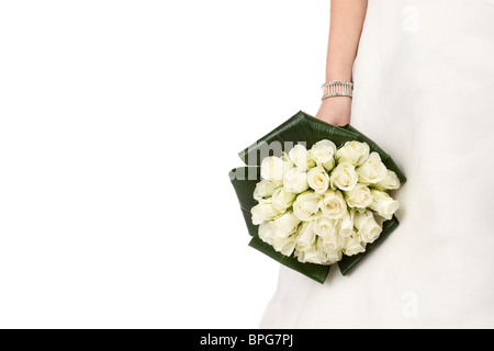 Bride holding a wedding bouquet of white roses