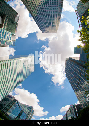 View of the skyscrapers of Canary Wharf and the City of London and the ...