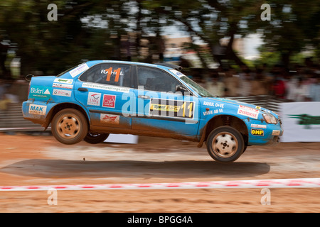 A rally car jumping on a stage of the Bangalore round of the 2009 Indian National Rally Championship Stock Photo