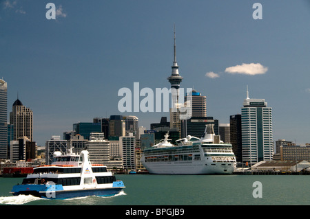 Auckland, New Zealand waterfront with cruise ship and ferry Stock Photo