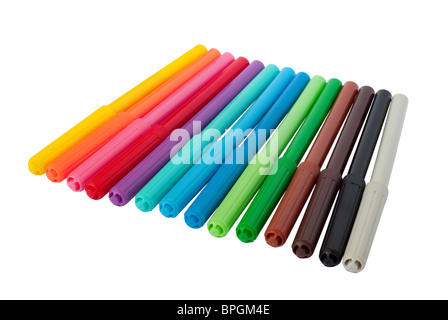 Set of green colored felt-tip pens for drawing on isolated background.  Different shades of green. Top view, copy space Stock Photo - Alamy