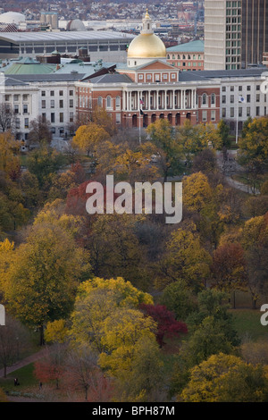 Trees in a park with buildings in the background, Boston Common, Massachusetts State Capitol, Boston Stock Photo