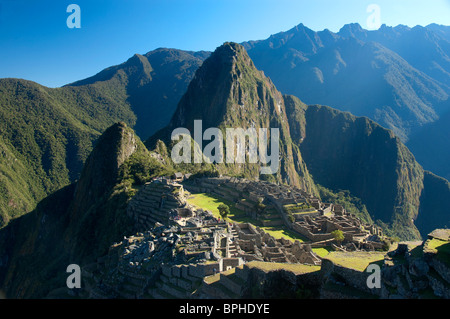 The first view of Machu Picchu that Inca Trail hikers see, Sacred Valley, Peru. Stock Photo