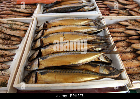 Smoked mackerel by Frank Hederman, Belvelly Smokehouse, on sale at Midleton Farmers Market, Co. Cork Stock Photo
