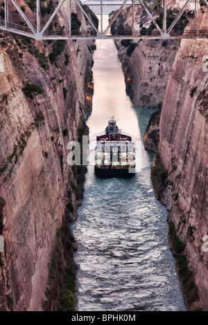 Ship crossing the Corinth Canal in Greece. Stock Photo