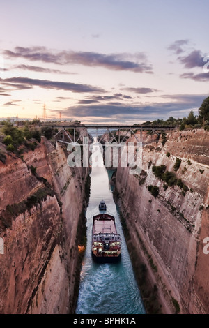 Ship crossing the Corinth Canal in Greece. Stock Photo